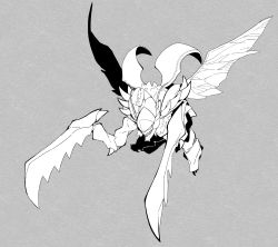 Rule 34 | full body, grey background, greyscale, highres, kha&#039;zix, league of legends, massakasama, monochrome, no humans, sharp teeth, simple background, solo, spikes, teeth, wings