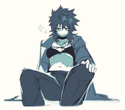 Rule 34 | 1girl, boku no hero academia, bra, breasts, burn scar, buttonheart, closed mouth, coat, dabi (boku no hero academia), hand on own knee, highres, medium breasts, messy hair, midriff, monochrome, navel, open clothes, open coat, pants, scar, simple background, sitting, sparkle, stapled, stitches, underwear, white background