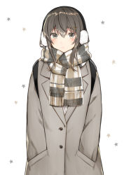 Rule 34 | 1girl, bad id, bad pixiv id, blush, closed mouth, coat, commentary request, cowboy shot, earmuffs, grey coat, grey eyes, grey hair, hair ornament, hairclip, hands in pockets, kurata rine, long sleeves, looking at viewer, original, scarf, short hair, sidelocks, simple background, solo, star (symbol), striped clothes, striped scarf, white background