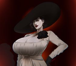 Rule 34 | 1girl, alcina dimitrescu, breasts, brown hair, capcom, cleavage, corsage, curvy, dress, earrings, eyeshadow, female focus, flower, gloves, hand on own hip, hat, huge breasts, jewelry, lipstick, looking at viewer, makeup, mature female, necklace, pale skin, pearl necklace, resident evil, resident evil village, shadow, short hair, simple background, solo, standing, sun hat, upper body, vampire, veins, veiny breasts, white dress, yellow eyes