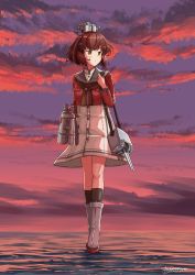Rule 34 | 1girl, absurdres, adapted turret, bad id, bad pixiv id, binoculars, brown eyes, brown hair, brown neckerchief, cannon, cloud, dress, full body, grey sailor collar, highres, kantai collection, looking to the side, neckerchief, ocean, outdoors, red shirt, rudder footwear, sagoromo 04, sailor collar, sailor shirt, shirt, short hair, signature, solo, standing, standing on liquid, sunset, tan yang (kancolle), turret, water, white dress, yukikaze (kancolle)