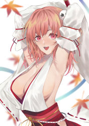 Rule 34 | 1girl, armpits, arms behind head, azur lane, bad id, bad pixiv id, breasts, center opening, dead or alive, detached sleeves, halterneck, honoka (doa), karen ngao, large breasts, leaf, open mouth, pink eyes, pink hair, red sash, sash, sideboob, simple background, solo, white background, wide sleeves