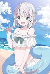 Rule 34 | 1girl, :d, bare shoulders, beach, bikini, bikini skirt, blue sky, blush, bow, breasts, cleavage, cloud, collarbone, commentary request, day, green bow, green eyes, hair between eyes, hair ornament, hairclip, hand up, highres, horizon, innertube, navel, ocean, open mouth, original, outdoors, sand, silver hair, sky, small breasts, smile, solo, stan, swim ring, swimsuit, tantan men (dragon), transparent, v, water, white bikini, x hair ornament