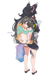 Rule 34 | 2girls, animal ears, backpack, backpack travel, bag, black hair, from behind, highres, hololive, hugging own legs, in bag, in container, innertube, innertube with ears, kneepits, kouhaku nawa, long hair, multiple girls, ookami mio, ookami mio (hololive summer 2019), oozora subaru, oozora subaru (hololive summer 2019), photo-referenced, rope, sandals, shimenawa, short shorts, shorts, simple background, swim ring, tail, tail around own leg, vinhnyu, virtual youtuber, white background, wolf ears, wolf tail