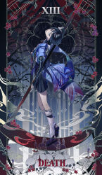 Rule 34 | 1boy, :p, absurdres, black background, black footwear, black hair, black sash, black shirt, black shorts, blue cape, branch, bridal gauntlets, candle, cape, closed mouth, death (tarot), english text, flower, genshin impact, gradient background, hair between eyes, head back, highres, hitohachan, holding, holding scythe, holding weapon, jacket, looking at viewer, looking back, male focus, parted bangs, pile of skulls, pom pom (clothes), purple eyes, red background, red flower, roman numeral, rope, sandals, sash, scaramouche (genshin impact), scythe, shirt, short hair, short sleeves, shorts, skeletal arm, skeletal hand, skull, smile, smoke, solo, star (symbol), tarot, tarot (medium), tassel, tongue, tongue out, v-shaped eyebrows, vision (genshin impact), wanderer (genshin impact), weapon, white jacket