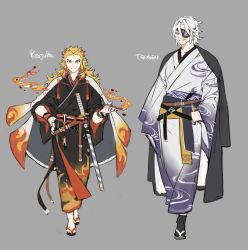 Rule 34 | 2boys, blonde hair, cape, character name, closed mouth, eyepatch, flame print, forked eyebrows, grey background, hair between eyes, hand on own hip, highres, japanese clothes, katana, kimetsu no yaiba, kimono, long hair, male focus, multicolored hair, multiple boys, obi, papajay (jennygin2), red eyes, red hair, rengoku kyoujurou, sash, sheath, sheathed, simple background, standing, sword, thick eyebrows, uzui tengen, weapon, white hair