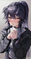 Rule 34 | 1girl, alternate costume, bandaid, bandaid on face, bandaid on nose, black hair, black jacket, blush, closed mouth, commentary request, ear ornament, hair between eyes, highres, jacket, long hair, long sleeves, looking at viewer, narita brian (umamusume), own hands together, ponytail, simple background, solo, sweater, touya kotonari, turtleneck, turtleneck sweater, umamusume, very long hair, white background, white sweater, yellow eyes