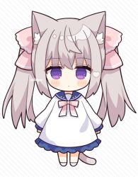 Rule 34 | 1girl, animal ears, blue sailor collar, blush stickers, bow, brown hair, cat ears, cat girl, cat tail, closed mouth, commentary request, diagonal stripes, dress, frilled dress, frills, full body, hair between eyes, highres, light frown, long hair, long sleeves, nakkar, original, pink bow, puffy long sleeves, puffy sleeves, purple eyes, sailor collar, sailor dress, signature, sleeves past wrists, solo, standing, striped, striped background, tail, twintails, very long hair, white background, white dress