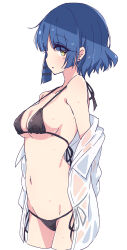 Rule 34 | 1girl, bikini, black bikini, blue hair, bocchi the rock!, breasts, earrings, from side, highres, jewelry, light blush, looking at viewer, medium breasts, mel (melty pot), micro bikini, mole, mole under eye, navel, parted lips, profile, see-through, shirt, short hair, solo, sweat, swimsuit, undressing, wet, wet clothes, white background, white shirt, yamada ryo, yellow eyes