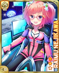 Rule 34 | 1girl, bodysuit, breasts, card, character name, cleavage, girlfriend (kari), glasses, looking to the side, moon, nejikawa raimu, official art, open mouth, pink hair, purple eyes, qp:flapper, sitting, smile, solo, space, twintails