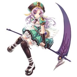 Rule 34 | 1girl, black thighhighs, blazing souls, bloomers, bridget (blazing souls), broom, broom riding, dress, frilled thighhighs, frills, full body, green dress, green skirt, hat, hirano katsuyuki, long hair, official art, puffy sleeves, purple eyes, purple hair, scythe, shoes, simple background, skirt, smile, solo, spectral (series), thighhighs, underwear, white background, white bloomers