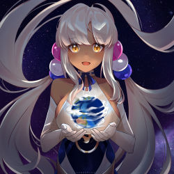 Rule 34 | 1girl, absurdres, artist name, breasts, brown eyes, dark-skinned female, dark skin, earth (planet), elbow gloves, gloves, hair ornament, highres, hololive, hololive english, kuro 0129, large breasts, long hair, planet, planet hair ornament, sleeveless, space, star (sky), tsukumo sana, tsukumo sana (1st costume), twintails, virtual youtuber, white hair