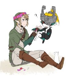 Rule 34 | 1boy, 1girl, ?, belt, blonde hair, blue eyes, boots, brown footwear, brown gloves, brown hair, caericanvas, cat, closed mouth, earrings, fang, fingerless gloves, flower, full body, gloves, green headwear, grey pants, hair between eyes, hat, head wreath, helmet, highres, jewelry, knee boots, link, looking at another, midna, nintendo, open mouth, pants, pointy ears, red eyes, short sleeves, sitting, smile, the legend of zelda, the legend of zelda: twilight princess, watermark, web address, white background, white cat