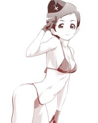 Rule 34 | 1girl, arched back, ass, bikini, breasts, closed mouth, commentary request, cowboy shot, female focus, garrison cap, girls und panzer, gloves, hat, insignia, kojima emi, leaning forward, light smile, looking at viewer, medium breasts, military hat, monochrome, navel, salute, short hair, simple background, solo, standing, string bikini, swimsuit, very short hair, white background, yoyokkun