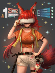 Rule 34 | 1girl, absurdres, adjusting clothes, adjusting headwear, animal ears, arknights, arm strap, black collar, breasts, charm (object), collar, covered eyes, cowboy shot, cranes (hiroro1), cropped shirt, earpiece, flametail (arknights), flametail (sport for all) (arknights), grey background, hand on own hip, head-mounted display, highres, italian flag print, charm (object), long hair, medium breasts, official alternate costume, open mouth, orange shirt, ponytail, red hair, shirt, shorts, simple background, solo, squirrel ears, squirrel girl, squirrel tail, suspender shorts, suspenders, t-shirt, tail, teeth, thigh strap, upper teeth only, white shorts