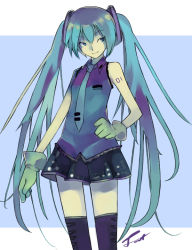 Rule 34 | 1girl, aqua hair, arm tattoo, bare shoulders, black skirt, black thighhighs, blouse, blue background, blue eyes, blue hair, blue necktie, blue shirt, closed mouth, clothes writing, collared shirt, copyright name, cowboy shot, gloves, green gloves, hair ornament, hand on own hip, hatsune miku, long hair, looking to the side, mrfatso, necktie, number tattoo, shirt, signature, simple background, skirt, sleeveless, sleeveless shirt, smile, solo, standing, tattoo, thighhighs, twintails, very long hair, vocaloid, wing collar, zettai ryouiki