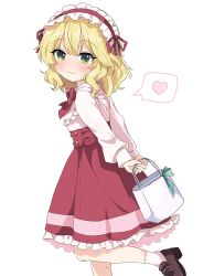 Rule 34 | 1girl, arms behind back, bag, blonde hair, blush, bow, bowtie, brown footwear, buttons, commentary request, flat chest, frilled hairband, frilled shirt, frilled skirt, frills, green eyes, hair between eyes, hairband, heart, highres, holding, holding bag, idolmaster, idolmaster cinderella girls, long sleeves, looking at viewer, medium hair, red bow, red bowtie, red hairband, red ribbon, red skirt, remiri nicoeli, ribbon, sakurai momoka, shirt, shoes, sidelocks, skirt, smile, socks, solo, spoken heart, standing, standing on one leg, wavy hair, white background, white bag, white shirt, white socks