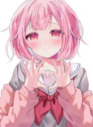 Rule 34 | 00mixxx (mikoto), 1girl, blush, bob cut, cardigan, closed mouth, commentary, grey serafuku, hands up, heart, heart hands, highres, long sleeves, looking at viewer, miyamasuzaka girls&#039; academy school uniform, neckerchief, ootori emu, open cardigan, open clothes, pink background, pink cardigan, pink hair, project sekai, red neckerchief, sailor collar, school uniform, serafuku, short hair, simple background, smile, solo, symbol-only commentary, upper body, white background
