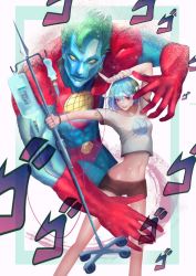 Rule 34 | 1girl, arm up, bandaged arm, bandages, bandaid, bandaid on stomach, blue hair, blue skin, brown shorts, captain planet, captain planet (character), character name, colored skin, commentary, crossover, earth-chan, green hair, highres, intravenous drip, jojo no kimyou na bouken, lips, looking at viewer, midriff, multicolored hair, name tag, nasa, nasa logo, navel, omegarer, original, outstretched arm, parted lips, red eyes, shirt, short hair, short shorts, shorts, smile, stand (jojo), t-shirt, white shirt