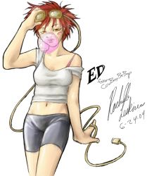 Rule 34 | 1990s (style), 1girl, artist name, bra, character name, chewing gum, copyright name, cowboy bebop, edward wong hau pepelu tivrusky iv, goggles, goggles on head, head-mounted display, aged up, rachelle (artist), red hair, tank top, underwear, yellow eyes