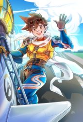 Rule 34 | 1girl, aircraft, airplane, alternate costume, blush, body armor, brown hair, earrings, eyewear on head, fighter jet, freckles, gloves, highres, jet, jewelry, ladder, looking at viewer, military, military vehicle, overwatch, overwatch 1, scarf, short hair, slipstream tracer, smile, solo, sparklenaut, spiked hair, sunglasses, tracer (overwatch), waving