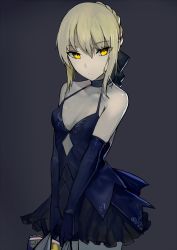 Rule 34 | 1girl, artoria pendragon (all), artoria pendragon (fate), bag, bare legs, bare shoulders, black dress, blonde hair, bow, braid, breasts, cleavage cutout, clothing cutout, commentary request, cowboy shot, dress, elbow gloves, eyebrows, fate/stay night, fate (series), gloves, grey background, hair between eyes, hair bow, hair up, holding, holding bag, looking at viewer, saber (fate), saber alter, shiny skin, shopping bag, sidelocks, sleeveless, sleeveless dress, small breasts, v arms, walzrj, yellow eyes