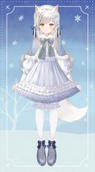 Rule 34 | 1girl, animal ear fluff, animal ears, beret, capelet, center frills, closed mouth, commentary request, fox ears, fox girl, fox tail, frilled kneehighs, frilled skirt, frills, full body, fur-trimmed capelet, fur-trimmed headwear, fur trim, grey capelet, grey footwear, grey hair, grey hat, grey skirt, hat, hazakura konoha, highres, indie virtual youtuber, kneehighs, long hair, long sleeves, looking at viewer, myusha, original, pantyhose, puffy long sleeves, puffy sleeves, shirt, shoes, skirt, smile, snowflake background, socks, solo, standing, tail, very long hair, virtual youtuber, white shirt, white socks, yellow eyes