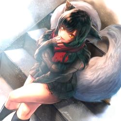 Rule 34 | 1girl, ahri (league of legends), alternate costume, animal ears, artist name, bad id, bad pixiv id, bibico, black hair, crossed legs, facial mark, fox ears, fox tail, heart, heart tail, highres, league of legends, long hair, looking at viewer, multiple tails, red scarf, scarf, sitting, sitting on stairs, socks, solo, stairs, sweater, tail, whisker markings, yellow eyes