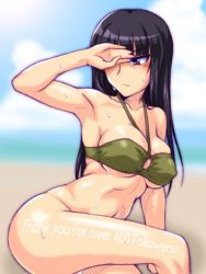 Rule 34 | 1girl, beach, bikini, blue sky, blunt bangs, blurry, blurry background, bottomless, breasts, brown eyes, brown hair, closed mouth, cloud, cloudy sky, commentary request, day, depth of field, english text, female focus, girls und panzer, green bikini, half-closed eyes, large breasts, light frown, long hair, looking to the side, mature female, milestone celebration, nishizumi shiho, oosaka kanagawa, outdoors, shading eyes, skindentation, sky, solo, sweat, swimsuit, underboob