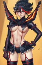 Rule 34 | 1girl, arm at side, artist name, black gloves, black hair, black skirt, black thighhighs, blue eyes, breasts, cleavage, closed mouth, elbow gloves, garter straps, gloves, hair between eyes, hand on own hip, highres, kill la kill, large breasts, lips, looking at viewer, matoi ryuuko, miniskirt, multicolored hair, navel, pleated skirt, red hair, revealing clothes, sciamano240, short hair, showgirl skirt, signature, simple background, skirt, smile, smug, solo, spotlight, stomach, streaked hair, thighhighs, two-tone hair, underboob, yellow background