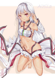 Rule 34 | 10s, 1girl, altera (fate), arm up, armpits, bad id, bad pixiv id, bandeau, bare shoulders, barefoot, beige background, bikini, black bikini, blunt bangs, blush, breasts, character name, choker, closed mouth, collarbone, dark-skinned female, dark skin, detached sleeves, elleco (bcf159), fate/extella, fate/extra, fate/grand order, fate (series), frilled skirt, frills, full-body tattoo, full body, grey hair, groin, hand in own hair, hand on own hip, headpiece, highres, layered skirt, long sleeves, looking at viewer, mismatched bikini, navel, on one knee, red eyes, revealing clothes, short hair, showgirl skirt, simple background, skirt, small breasts, solo, swimsuit, tattoo, veil, white background, white bikini, white hair, white skirt