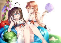 Rule 34 | 2girls, adapted costume, ahoge, alternate hairstyle, bikini, blue eyes, braid, brown hair, commentary, commentary request, food, fruit, hair ornament, hairclip, hand fan, heterochromia, kantai collection, long hair, mashiro aa, multiple girls, murasame (kancolle), paper fan, plant, shigure (kancolle), single braid, swimsuit, twintails, uchiwa, wading pool, watermelon