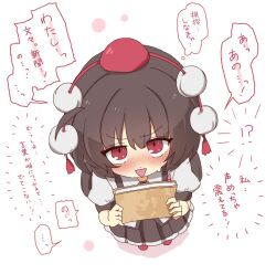 Rule 34 | 1girl, black hair, black skirt, blush, book, from above, hat, holding, holding book, open mouth, pleated skirt, pom pom (clothes), puffy short sleeves, puffy sleeves, red eyes, red hat, shameimaru aya, shirt, short hair, short sleeves, simple background, skirt, solo, speech bubble, standing, tokin hat, totoharu (kujirai minato), touhou, translation request, white background, white shirt