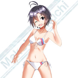 Rule 34 | 1girl, ;d, ahoge, antenna hair, bad id, bad pixiv id, bikini, black eyes, black hair, breasts, front-tie top, idolmaster, idolmaster (classic), kikuchi makoto, looking at viewer, navel, ns.x, one eye closed, open mouth, short hair, side-tie bikini bottom, small breasts, smile, solo, standing, striped, striped background, swimsuit