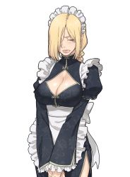 Rule 34 | 1girl, alternate costume, apron, blonde hair, blush, braid, breasts, china dress, chinese clothes, cleavage, cleavage cutout, closed eyes, clothing cutout, dress, fullmetal alchemist, highres, large breasts, lips, long hair, maid, maid apron, maid headdress, olivier mira armstrong, qi maid, role reversal, simple background, single braid, solo, tenchisouha, v arms, waist apron, white background