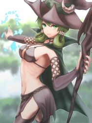 Rule 34 | 1girl, breasts, cleavage, cloak, eyelashes, fake horns, from side, green cloak, green eyes, green hair, hat, highres, holding, holding staff, horned headwear, horns, kawasumi mahiro, long hair, looking at viewer, magic, medium breasts, nail polish, navel, red nails, side slit, skirt, smile, solo, staff, thighhighs, unicorn overlord, upper body, witch hat, yahna