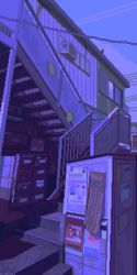 Rule 34 | animated, animated gif, bird, building, commentary, electric fan, english commentary, gutty kreum, original, outdoors, pixel art, poster (object), power lines, purple theme, stairs, train, wind