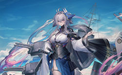 Rule 34 | 1girl, animal ears, asymmetrical clothes, azur lane, black choker, blue skirt, breasts, choker, cloud, cloudy sky, corset, detached sleeves, echj, floppy ears, fluffy, fox mask, fox tail, hair between eyes, highres, large breasts, long hair, looking at viewer, mask, mask on head, pink eyes, pleated skirt, rigging, sheath, sheathed, sideboob, skirt, sky, solo, sword, tail, thigh strap, tosa (azur lane), turret, water, weapon, wide sleeves