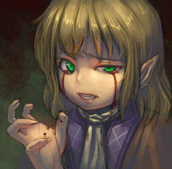 Rule 34 | 1girl, blonde hair, blood, bloody tears, clenched teeth, fang, female focus, green eyes, mizuhashi parsee, pointy ears, short hair, solo, teeth, touhou, uneven eyes, zhengyifan7