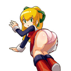 Rule 34 | 1girl, :o, arm support, ass, blonde hair, blush stickers, boots, capcom, collar, dress, from behind, green eyes, hair ribbon, highres, huge ass, knee boots, kneeling, long hair, long sleeves, looking back, mega man (classic), mega man (series), mo-re:, petticoat, plump, ponytail, red skirt, ribbon, roll (mega man), simple background, skirt, solo, thick thighs, thighs, underwear, white background, wide hips, wrist cuffs