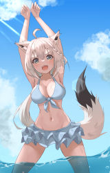 Rule 34 | absurdres, ahoge, animal ears, aqua eyes, armpits, arms up, bare arms, belly, bikini, blue bikini, blue sky, braid, breasts, cleavage, cloud, cloudy sky, feet out of frame, fox ears, fox girl, fox tail, frilled bikini, frills, front-tie bikini top, front-tie top, hair between eyes, highres, hololive, large breasts, long hair, looking at viewer, midriff, multicolored tail, narrow waist, navel, open mouth, outdoors, partially submerged, ponytail, shirakami fubuki, single braid, sky, standing, sunlight, swimsuit, tail, v-shaped eyebrows, virtual youtuber, water, wet, white hair