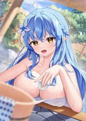 ahoge blue_hair elf heart heart_ahoge highres hololive kag_tsukimi multicolored_hair naked_towel onsen pointy_ears streaked_hair towel virtual_youtuber wet yellow_eyes yukihana_lamy