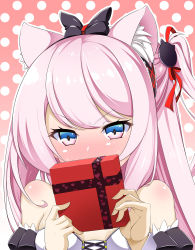 Rule 34 | 1girl, absurdres, animal ears, azur lane, bare shoulders, blush, bow, box, cat ears, cat girl, cat hair ornament, commentary request, covering own mouth, detached sleeves, embarrassed, flat chest, gift, gift box, grey eyes, hair bow, hair ornament, hair ribbon, hairband, hammann (azur lane), highres, holding, holding gift, long hair, looking at viewer, off shoulder, one side up, polka dot, polka dot background, retrofit (azur lane), ribbon, sidelocks, silver hair, simple background, solo, valentine, yuu (user ajkw3753)