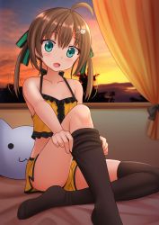 Rule 34 | 1girl, aged down, ahoge, bare arms, bare shoulders, bed sheet, black thighhighs, blush, bow, brown hair, camisole, cat hair ornament, center frills, collarbone, commentary, curtains, fang, frills, green eyes, hair between eyes, hair bow, hair ornament, hairclip, highres, hololive, indoors, kazenokaze, knee up, long hair, natsuiro matsuri, natsuiro matsuri (matsuri&#039;s day off), no shoes, open mouth, orange camisole, orange shorts, short shorts, shorts, sitting, skindentation, solo, striped, striped bow, sunset, thighhighs, thighhighs pull, thighs, twintails, virtual youtuber, window