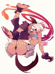 Rule 34 | 1girl, animal ears, ass, barefoot, bell, blue eyes, bob cut, breasts, cat ears, cat tail, highres, legs up, ms. fortune (skullgirls), poch4n, pouch, scar, signature, skullgirls, smile, sweater, tail, teeth, underboob, v, white background