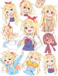Rule 34 | &gt; &lt;, 1girl, :3, :d, ;3, ;d, = =, > <, alternate hairstyle, amagasa yun, arms up, bare shoulders, blonde hair, blue dress, blue shirt, blue skirt, blush, bow, braid, brown hair, brown jacket, brown sweater, cheerleader, collared shirt, commentary request, cosplay, dress, dress shirt, closed eyes, green eyes, hair bow, hair over one eye, hair ribbon, hairband, hand up, heart, heart in mouth, high ponytail, himesaka noa, holding, hoshino miyako (wataten), hoshino miyako (wataten) (cosplay), jacket, long hair, long sleeves, multiple views, nose blush, off-shoulder sweater, off shoulder, one eye closed, open clothes, open jacket, open mouth, outstretched arms, pom pom (cheerleading), ponytail, red bow, red hairband, red ribbon, ribbon, sailor collar, sailor dress, school uniform, shaded face, shirt, simple background, skirt, sleeveless, sleeveless dress, sleeves past wrists, smile, strap slip, sweater, track jacket, twintails, very long hair, watashi ni tenshi ga maiorita!, white background, white dress, white sailor collar, white shirt, wig, xd