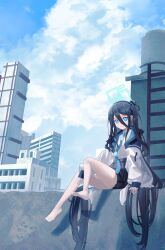 Rule 34 | 1girl, absurdres, aris (blue archive), barefoot, blue archive, blue eyes, building, highres, long hair, looking at viewer, maio05321, outdoors, sitting, solo