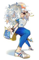 Rule 34 | 1girl, absurdres, alternate footwear, asian, black hair, blue leggings, bracelet, capcom, china dress, chinese clothes, chun-li, double bun, dress, eyeshadow, fighting stance, full body, graffiti, hair bun, hair ribbon, highres, jewelry, kung fu, leggings, makeup, official art, onitsuka tiger, pelvic curtain, product placement, ribbon, shoes, short hair, sneakers, solo, street fighter, street fighter 6, tamio, thick thighs, thighs, tiger, twisted torso, white dress