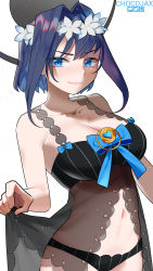 1girl adapted_costume alternate_costume artist_name babydoll blue_eyes blue_hair blush breasts chocojax cleavage collarbone cowboy_shot hair_intakes halo head_wreath highres hololive hololive_english large_breasts lingerie looking_at_viewer navel ouro_kronii ribbon see-through_clothes short_hair simple_background smile solo underwear virtual_youtuber white_background