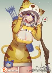 Rule 34 | 1girl, adjusting clothes, animal costume, animal ears, animal hood, arms up, arrow (projectile), artist name, ashe (league of legends), bell, blonde hair, bow (weapon), breasts, cat costume, cat ears, cat hood, cat tail, cleavage, cleavage cutout, clothing cutout, cosplay, cowboy shot, fake animal ears, fake tail, fletches, heart, holding, holding behind back, hood, jingle bell, large breasts, league of legends, leaning forward, legs together, light smile, maokai, meowkai, meowkai (cosplay), parted lips, purple eyes, quiver, riot games, short hair, simple background, solo, songjikyo, speech bubble, spoken heart, standing, tail, watermark, weapon, web address, yellow background